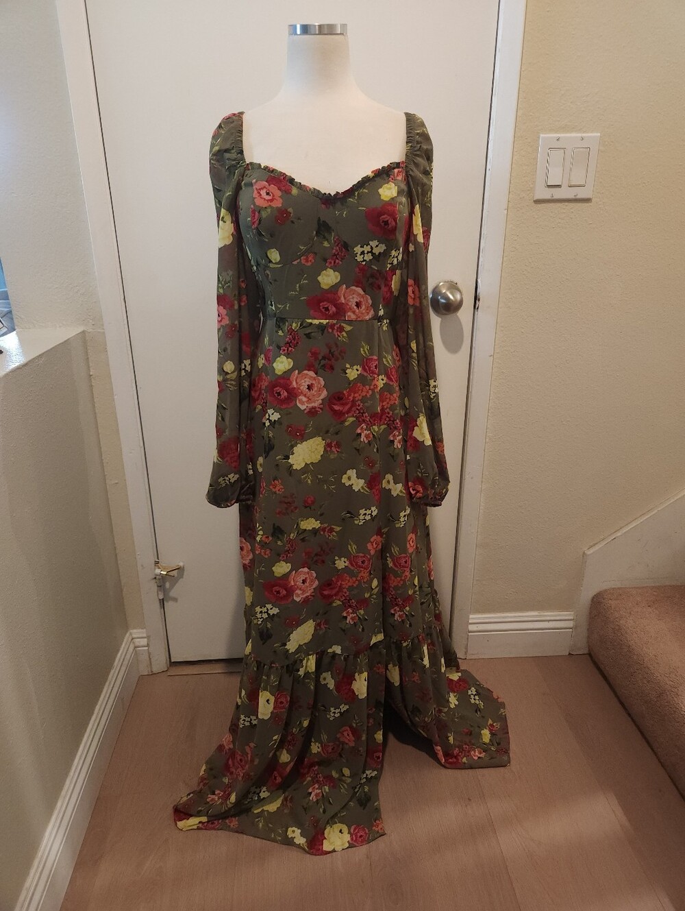 Floral Long Sleeve Maxi Dress in Olive Green